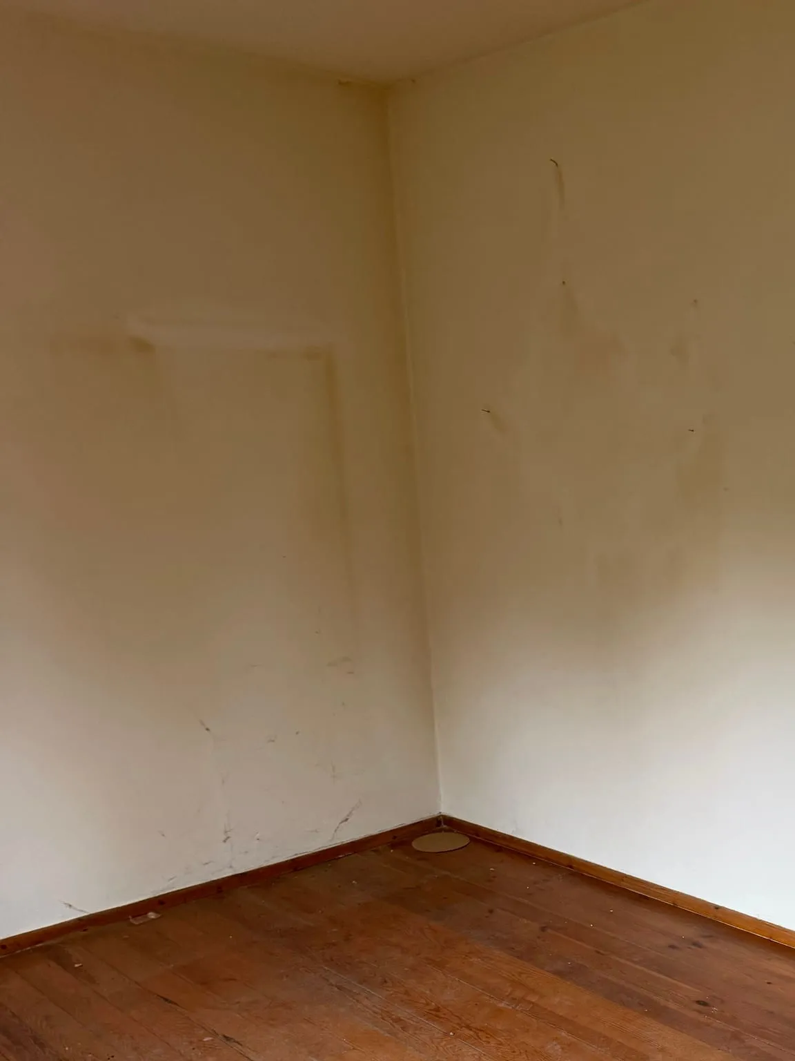Leere Zimmerecke mit hellen Wänden, Holzsockelleisten und freiem Dielenboden.