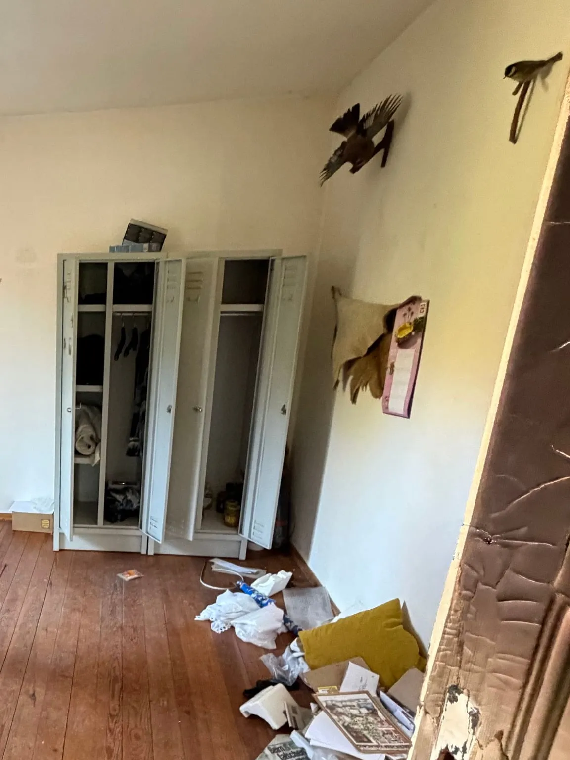 Zimmerecke mit drei geöffneten Metallspinden, Vogelfiguren und Kalender an der Wand sowie Papier, Kissen und Kartons auf dem Dielenboden.