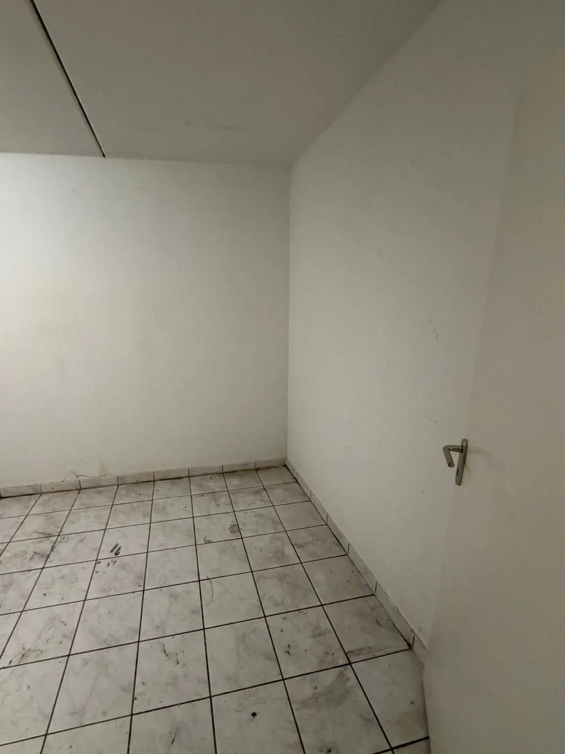 Leerer Kellerraum mit weißen Wänden, glatter Decke, gefliestem Boden und geöffneter Tür rechts im Bild.