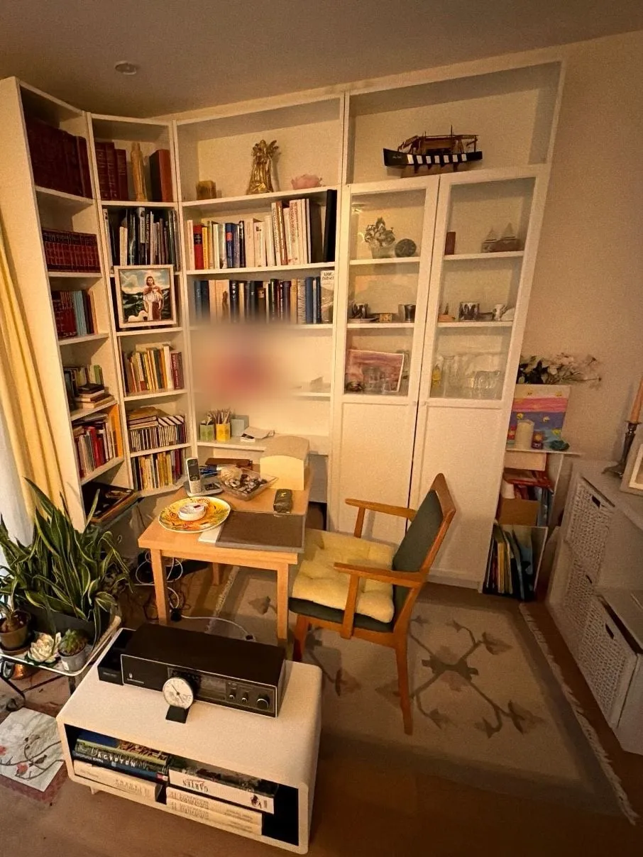 Raumecke mit weißen Bücherregalen bis unter die Decke, davor ein kleiner Holztisch, ein Stuhl, Zimmerpflanzen und ein niedriger weißer Schrank mit Radio auf einem Teppich.